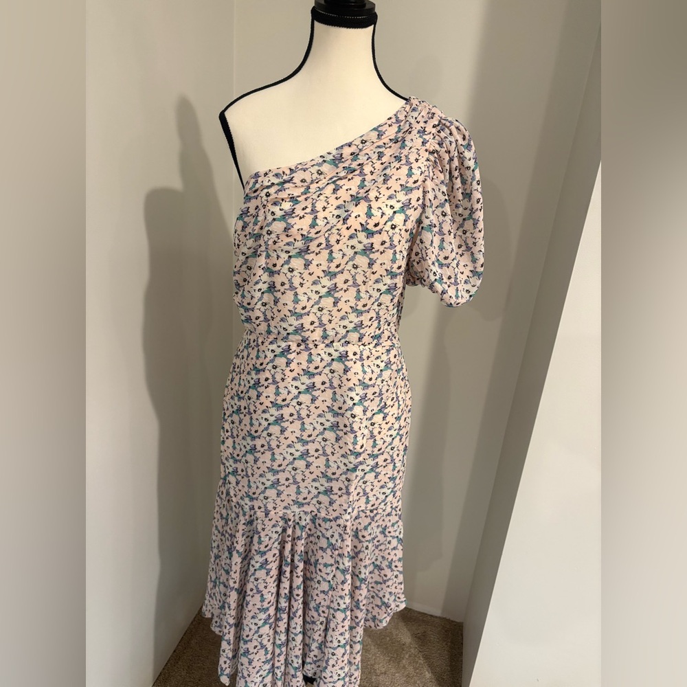 Astr Pink and Gray Asymmetrical Ruffled One-Shoulder Dress